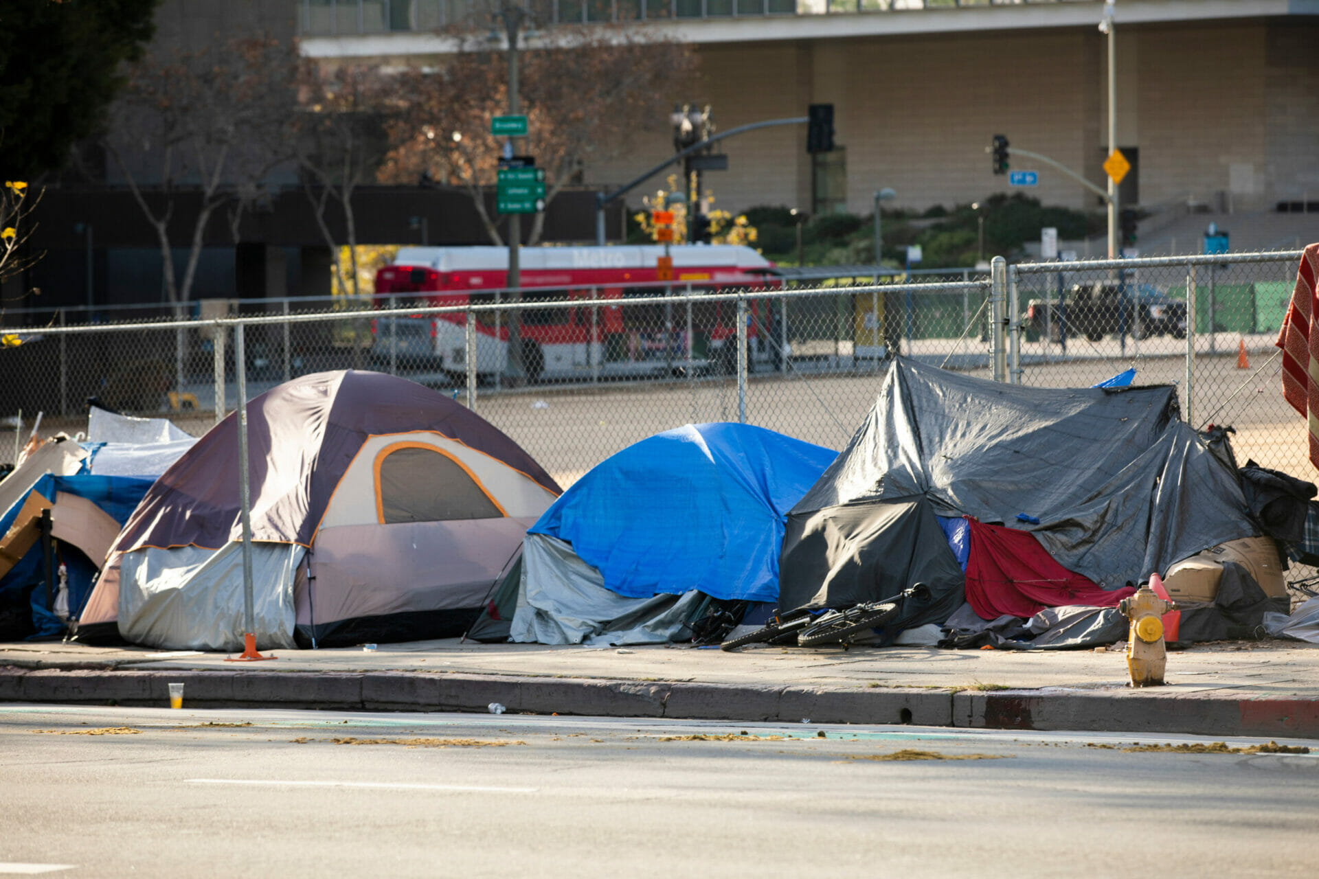 A homeless encampment sits on a street in Downtown Los Angeles, Homeless Encampment Cleanup