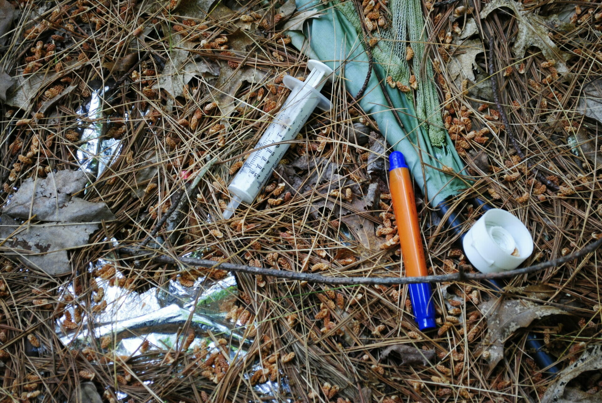 Trash littering the ground in the forest left behind by unscrupu