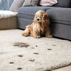 Funny dog and its dirty trails on carpet