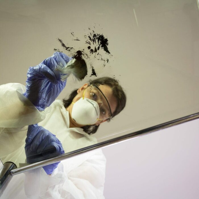 Forensic expert search fingerprints on a glass shelf