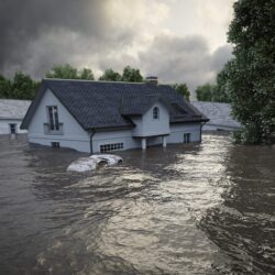 flooding houses with rising water. 3d rendering